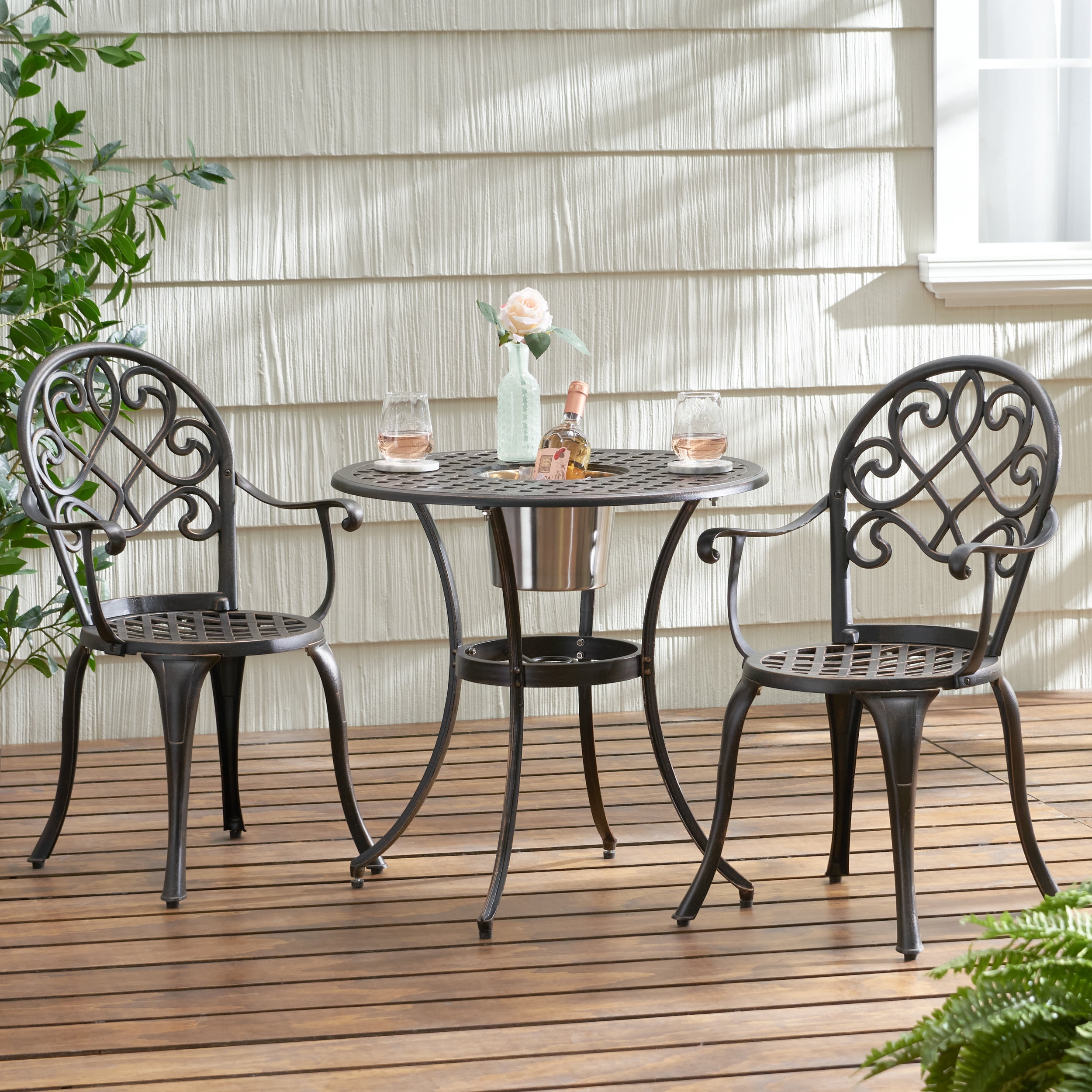 Outdoor 3 Piece Cast Metal Leisure Bistro Set with Ice Bucket, Multi Function Combined Furniture for Patio Garden, Copper