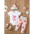 thumbnail image 3 of Toddler Baby Boy Girl Clothes Set Easter Jumpsuit Infant Letter Short Sleeve Romper Floral Bunny Hat Pants Outfit, 3 of 9