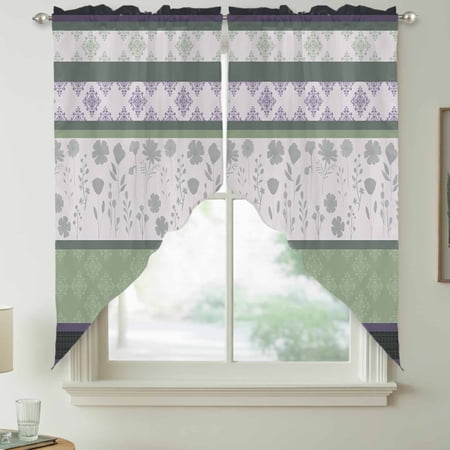 Vintage Floral Swag Valances for Windows Country Light Green Purple Stripes Rod Pocket Short Curtains Machine Washable Kitchen Window Topper for Bathroom Living Room 28 x 36 Inch 1 Pair