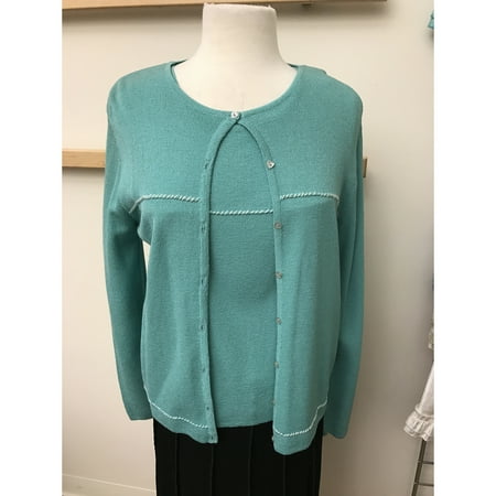 Links Stitch Sweater - Aqua Blue Crepe Knit Cardigan Sweater And Tank Set With White Whip Stitch (Style# 74080S)