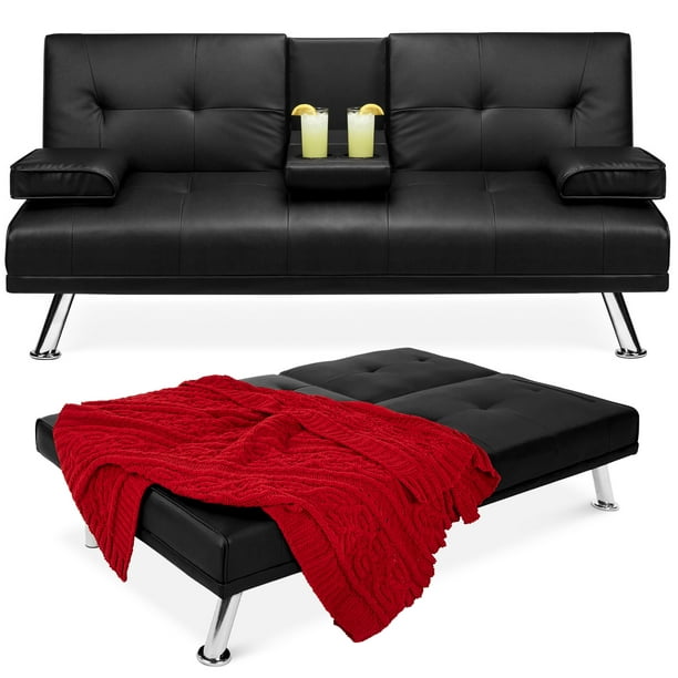 Futons Best Choice Products Modern Faux Leather Convertible Futon Sofa w/  Removable Armrests, Metal Legs, 2 Cupholders - Black - Walmart.com