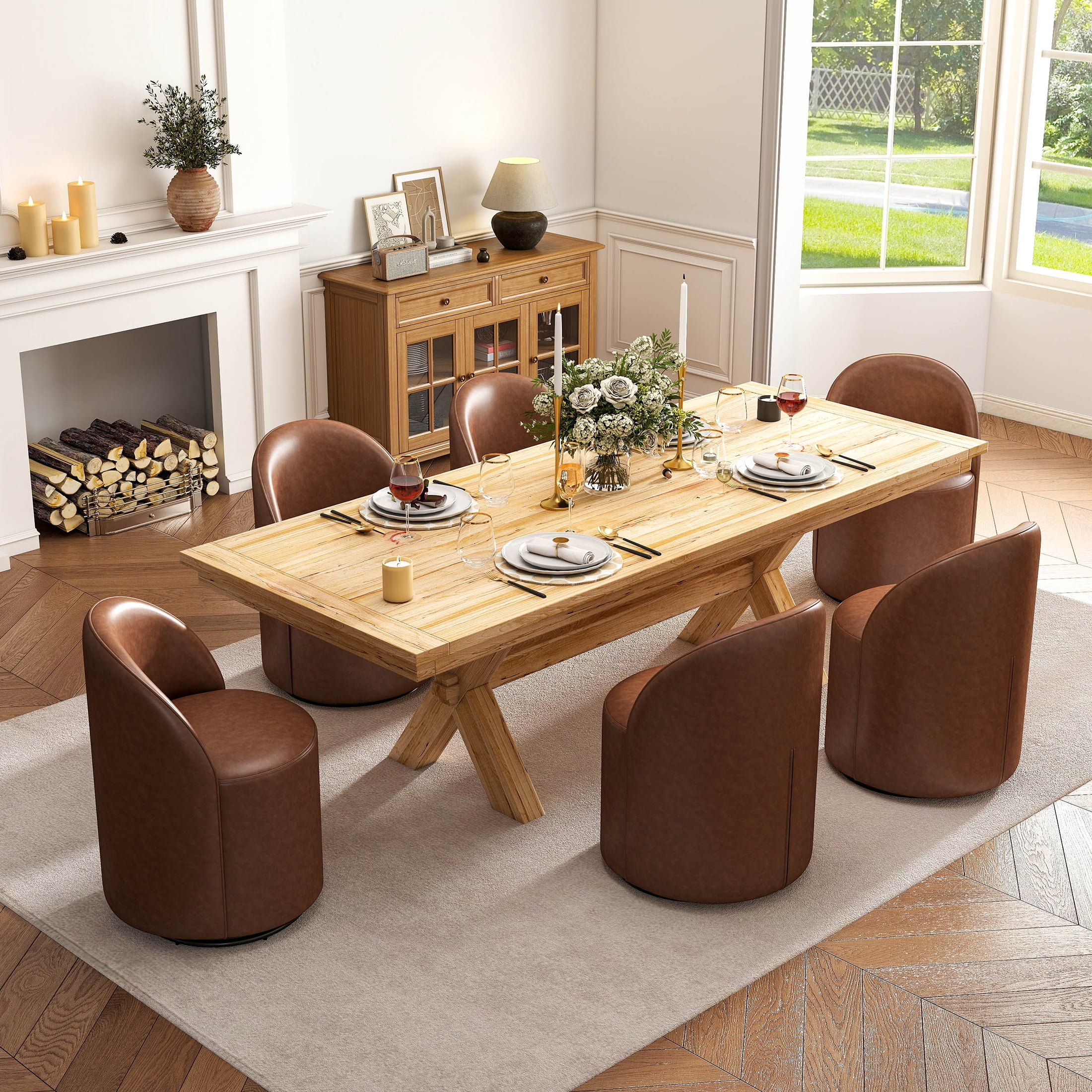 Guyou 360° Swivel Barrel Dining Chair Set of 1, Mid-Century Modern Upholstered Barrel Accent Chair, PU Round Vanity Chair for Dining Room Living Room Bedroom, Brown