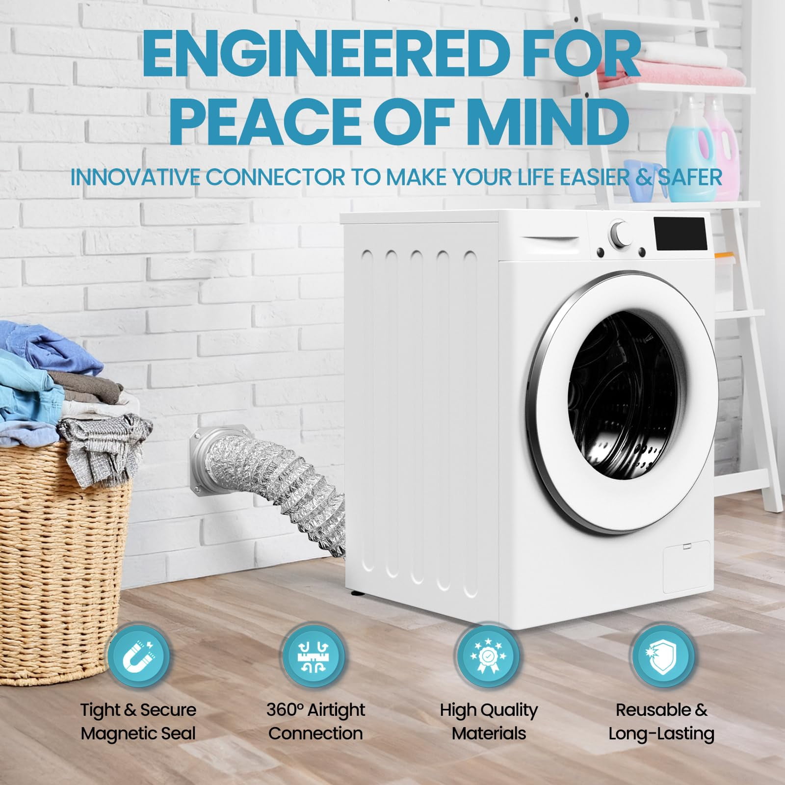 Magnetic Dryer Vent Connector Kit with Airtight Seal, 4"x2.6ft Duct & 2 Clamps, Quick Connect