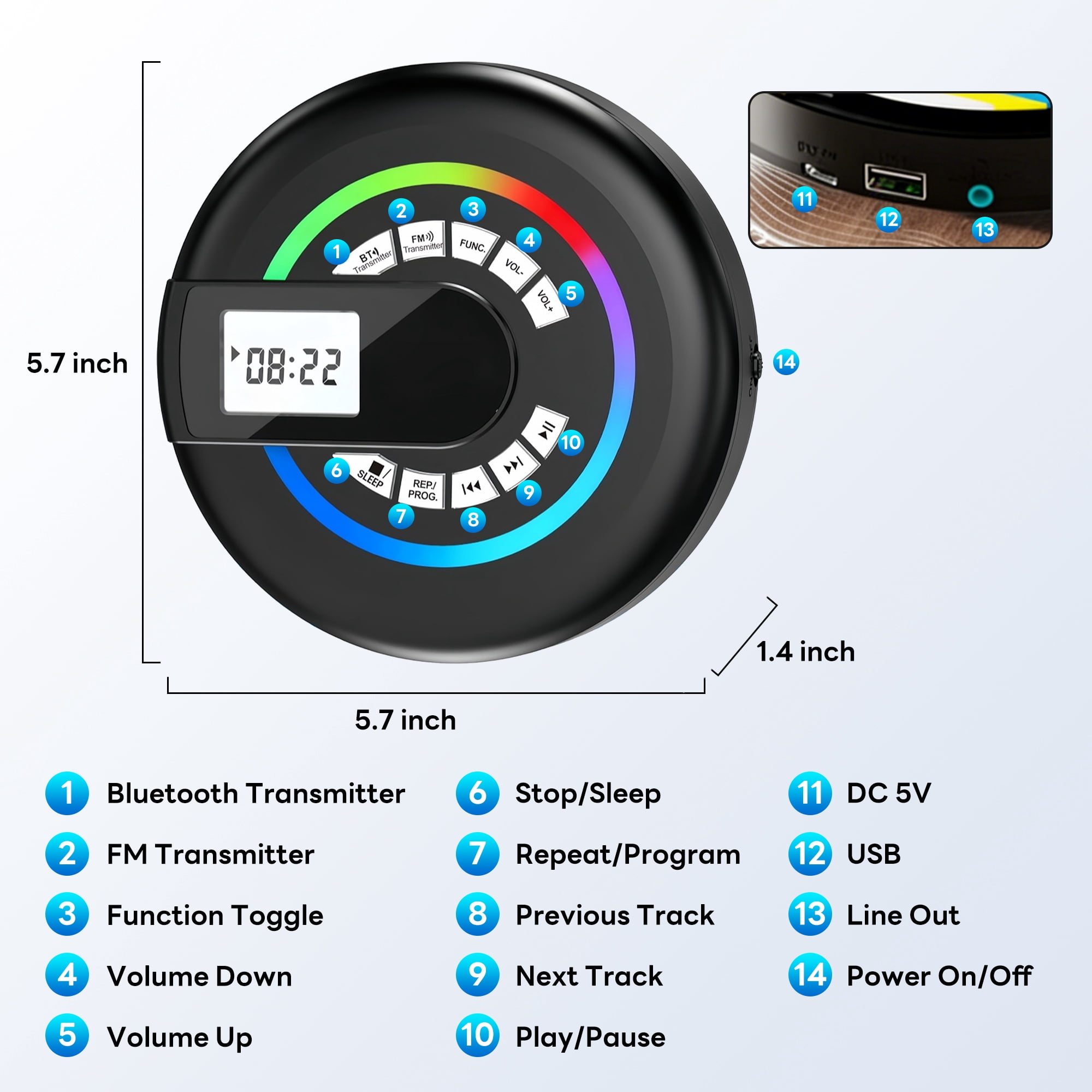 INSMART Portable CD Player with Bluetooth, 2000mAh Rechargeable, LCD Display, Personal CD Player with Stereo Speakers for Car, Home, Travel