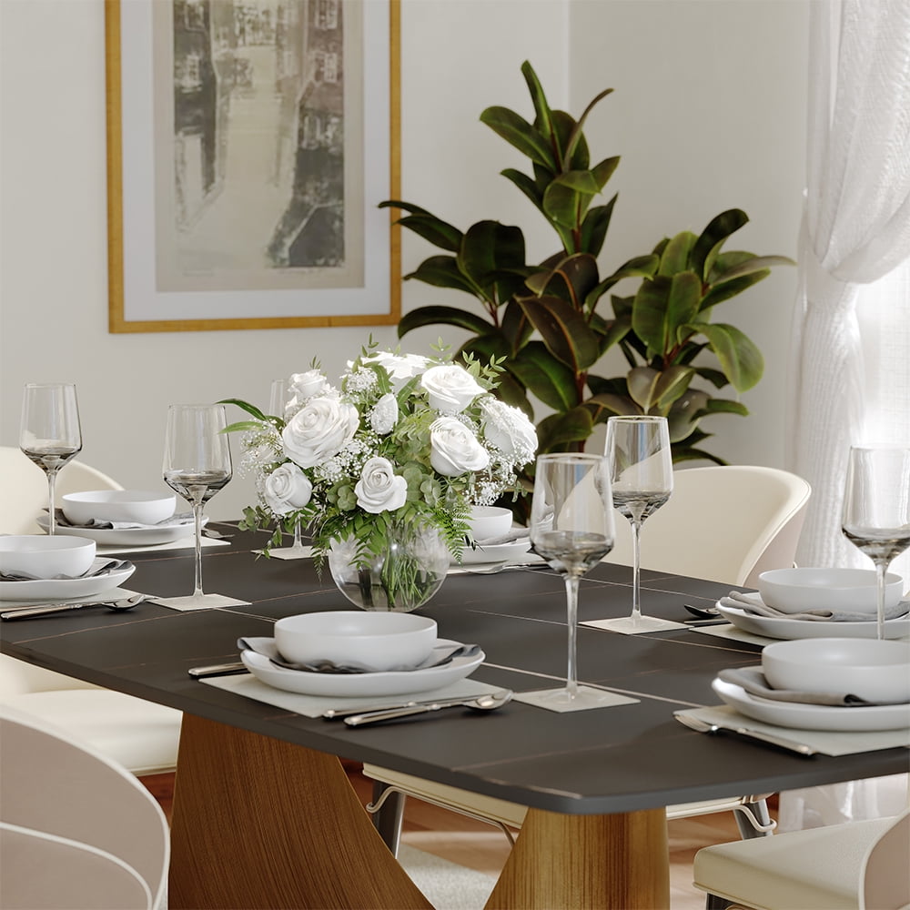 POVISON 63" Modern Dining Table for 4, Rectangular Matte Black Sintered Stone Dining Table with Bronze Carbon Steel Legs