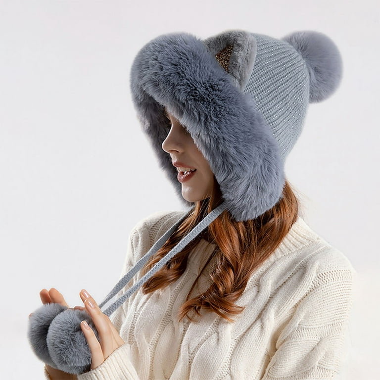 Biziza Womens Y2k Ear Muffs Beanie Hat Fashion Warm Knit Crochet Winter  Faux Fur Pom Pom Ski Skull Cap Winter Cute Ribbed for Teen Girls Gray 