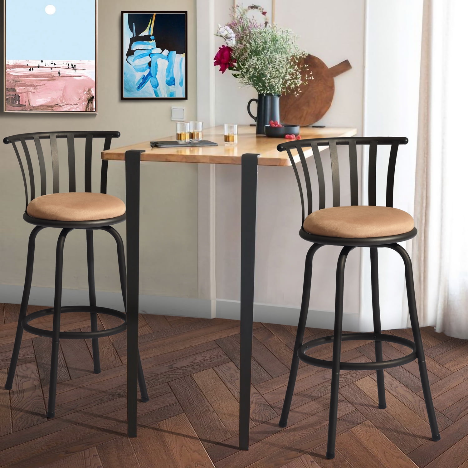 Homy Casa 2 Pack Bar Stools Adjustable Swivel, 24"/29" with Faux Suede Seats, Brown