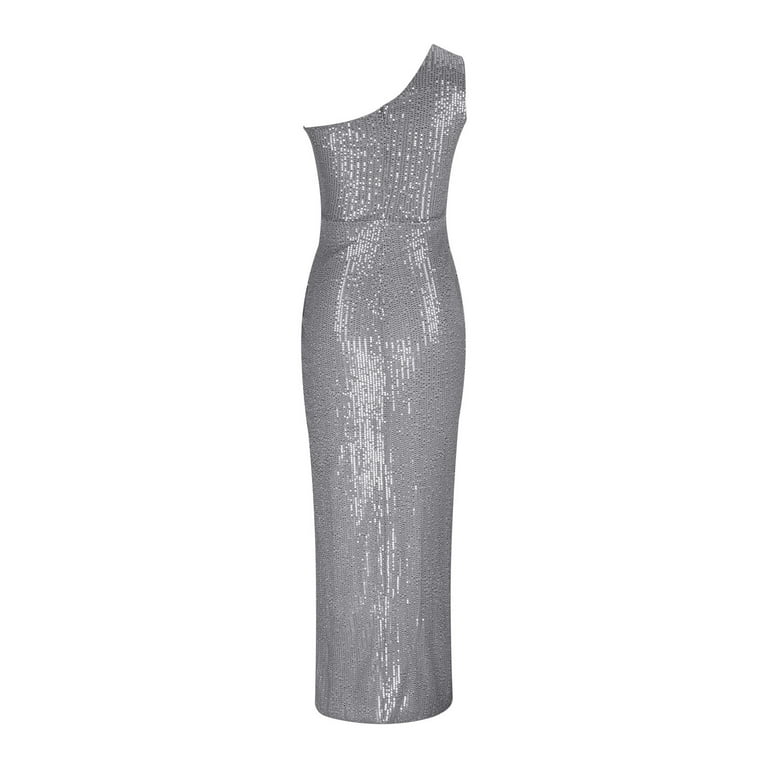 silver sequin high low dress Blmnix Sequin Dress Dresses for Women One Shoulder High-Low Dresses Boat Neck Silver Sleeveless Long Adjustable Waist Spring Dresses for Women 2026,M