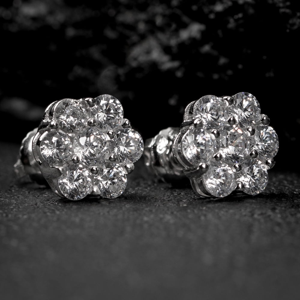 Flower Cluster Brilliant White Gold Plated 925 Sterling Silver Screw Back Post Iced Cz Circle Stud Round Hip Hop Earrings