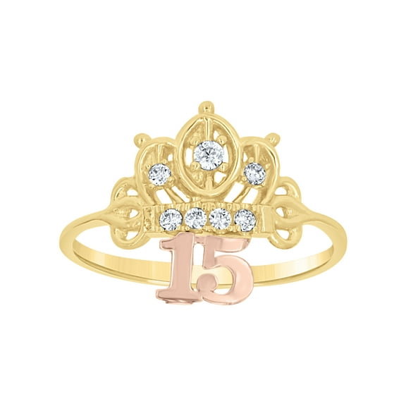 10k Tri-Color Gold Womens Cubic Zirconia Dc 15 Anos Crown Engagement Ring