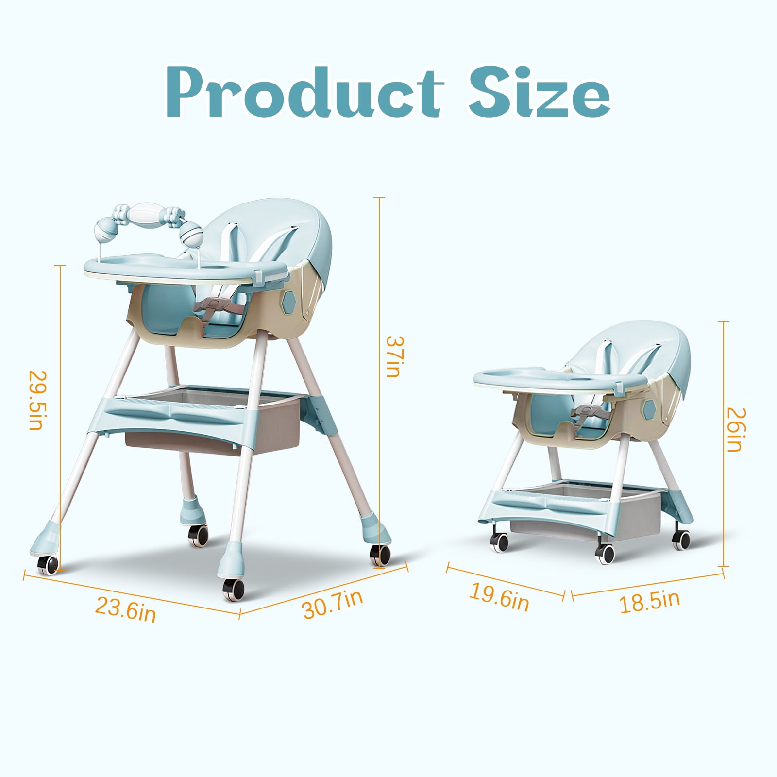 HAOUUCYIN 4-in-1 Baby High Chair, Portable Dining Chairs Eat & Play with Double-Layer Dinner Plate and Toy Rack, for 0-36 Months, Light Blue