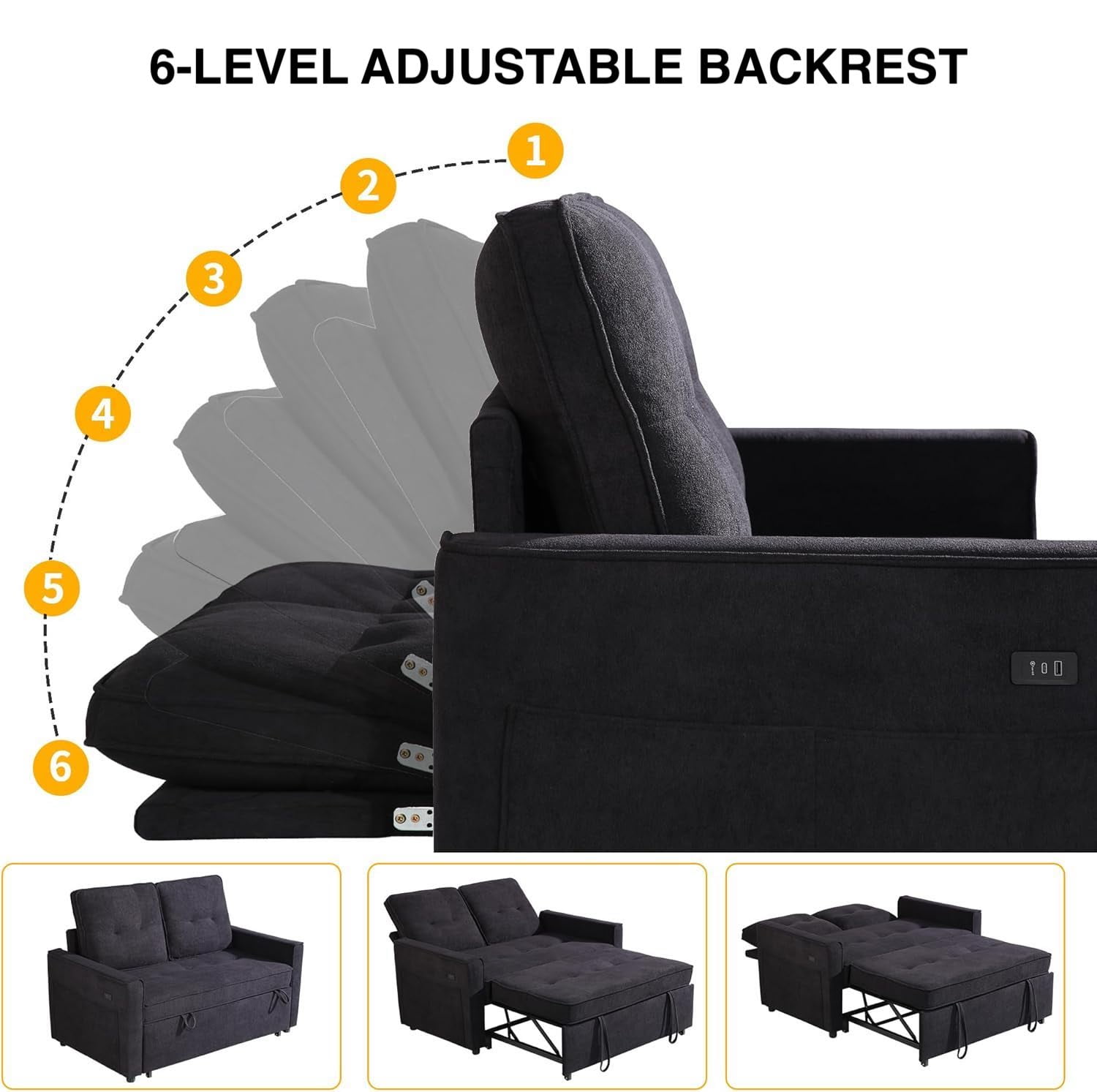 TiramisuBest 3 in 1 Sleeper Sofa Bed, 55'' Convertible Pull Out Couch with Side Pockets, Loveseat Sleeper Sofa with Adjustable Backrest for Living Room Bedroom Apartment (Black)