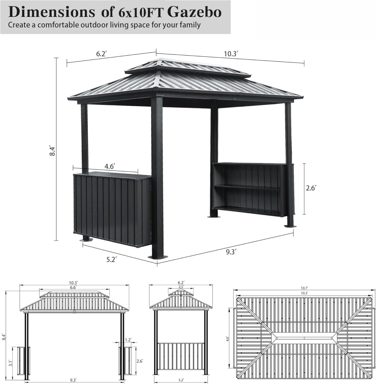 6x10 FT Shade Grill Gazebo, Outdoor BBQ Gazebo with Double Galvanized Steel Roof, Patio Grill Canopy with 2 Cabinets and Ceiling Hooks for Backyard, Lawn, Garden, Backyard, Gray