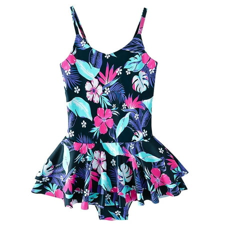 

Gubotare Girls Swimwear Suspender Floral Pattern Beach Bathing Suit Swimsuit For 4 To 12 Years Swimming Pool Hot Spring 3 with Navy 7-8Years