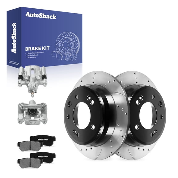 AutoShack Rear Solid Drilled & Slotted E-Coated Brake Rotors   Ceramic Pads   Calipers 8-PC Brake Kit Replacement for 2011-2016 Kia Sportage 2010-2015 Hyundai Tucson ShadowGuard 10.31" (262 mm)