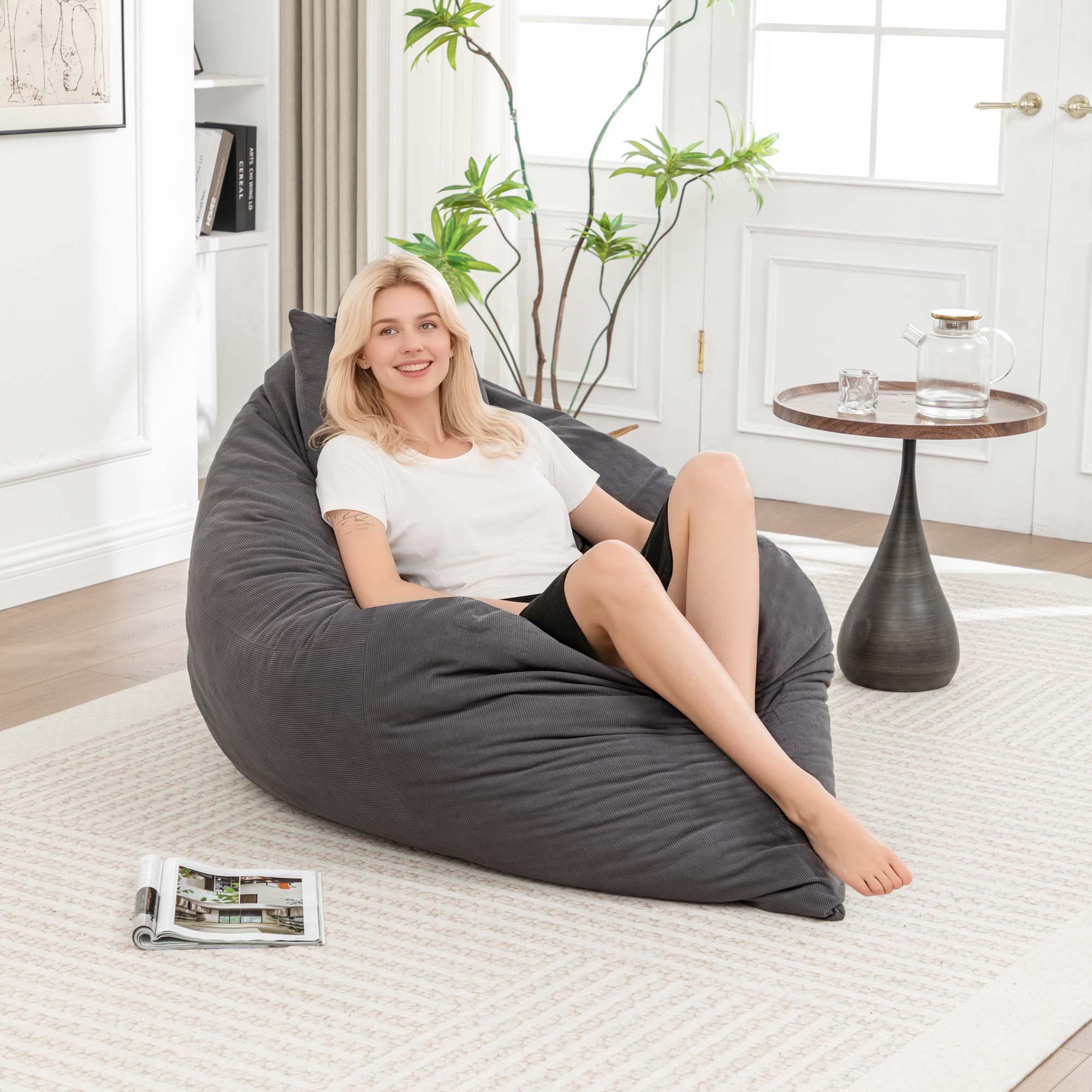 Miniyam 61" x 52" Floor Bean Bag Chair, Lazy Lounger for Living Rooms, Balconies, Leisure and Entertainment, Grey