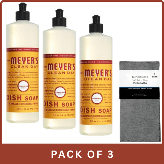 Mrs. Meyerās Clean Day Dish Soap ā Clementine, 16āÆflāÆoz-3pk, With Microfiber Solid Color Towel By BundleEase
