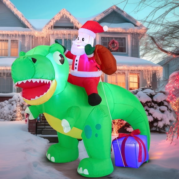 Joiedomi 6 ft Tall Christmas Inflatable Santa Ride on Dinosaur with Build-in LEDs,Christmas Inflatable Outdoor Blow Up Decoration for Xmas Party Indoor,Outdoor,Yard,Garden,Lawn Winter Decor