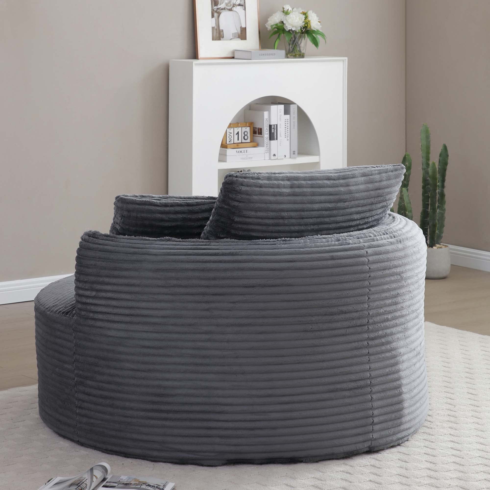 Miniyam 54" Corduroy Round Accent Chair, Boneless Design with Lumbar Support Pillows, Soft & Durable, Ready-to-Use(Grey)