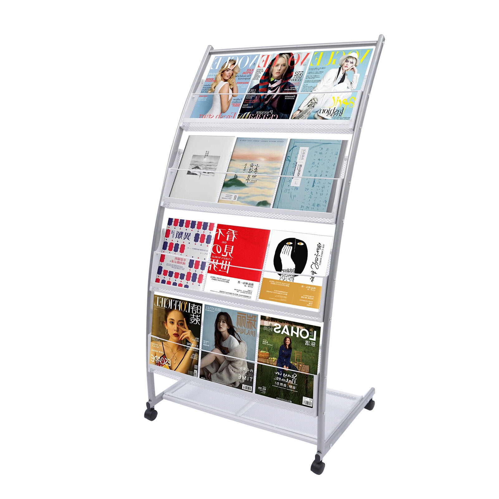 Vmsiuory Floor magazine rack, 4-layer iron newspaper display rack mobile  bookshelf simple single page rack (311-hei)