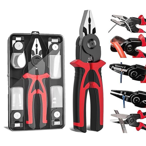 5-In-1 Replaceable Multifunctional Pliers Tool, Includes Wire Strippers Crimping Pliers Shears Cable Cutters, Heat-Treated Steel with Non-Slip Handle Perfect for Home Repairs DIY Projects