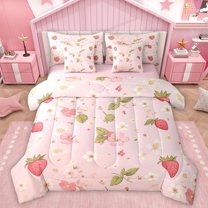 Homewish Cartoon Cute Strawberry Twin Bedding Sets 7-Piece, Pink Cherry Blossoms Bedding Comforter Set, Teens kids Girls Women Reversible Sheet Sets, Ultra Soft Bedroom Decor