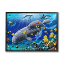 Stupell Industries Manatees & Fish Swimming Coastal Painting Black Framed Art Print Wall Art