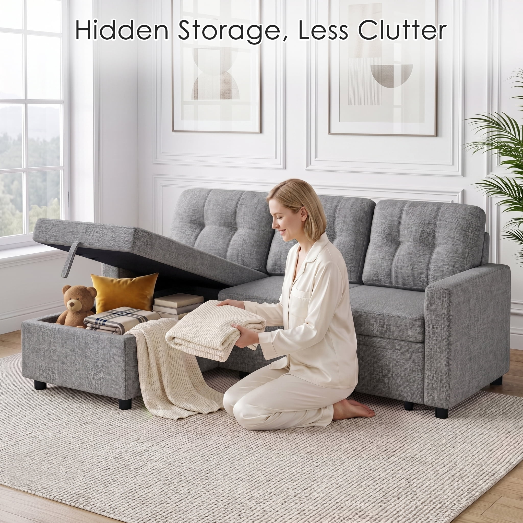 Convertible Sectional Sleeper Sofa Bed, 82" L Shaped Sofa with Pull Out Couch, Reversible Chaise, Storage & Charging Ports, Linen Fabric 3 Seater Couch for Small Spaces Living Room, Light Gray