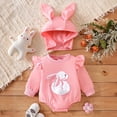 thumbnail image 6 of Huowey Girls Baby Toddler Easter Outfits Ruffles Crewneck Long Sleeve Solid Color Rabbit Embroider Romper Bodysuits Hat Set Fashionable Cozy 2 Piece Clothes Sets,Pink,12-18 Months, 6 of 9