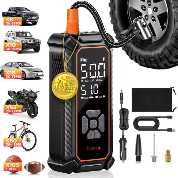 Ophanie Cordless Tire Inflator Portable Air Compressor, 160PSI, 3*2000mAh Long Range Battery, Air Pump for Car Tires, Bike, Motorcycle, Electric Pump with LED Light & Digital Pressure Gauge
