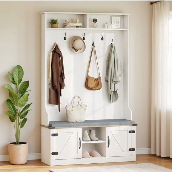 Resenkos 4-in-1 Coat Rack with Padded Bench and Shoe Cabinet, 68.5 Inch Tall All-in-one Hall Tree for Entryway, Mudroom, White