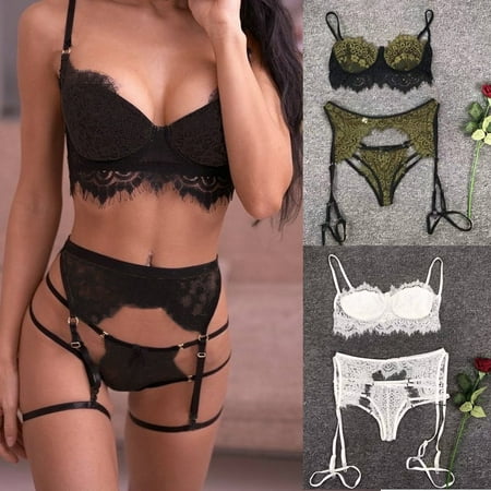 

LINMOUA 3-Pc Women Lace Sexy Lingerie Straps Bra and Panty Garter Set Underwear Babydoll White