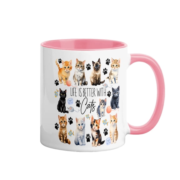 Cute Cat Lover Coffee Mug - "Life is Better With Cats" 11oz Ceramic Mug, Best Cat Gifts for Cat Mom, Cat Lady, Cat Owner, Women & Girls, Adorable Kitten Print Mug Pink