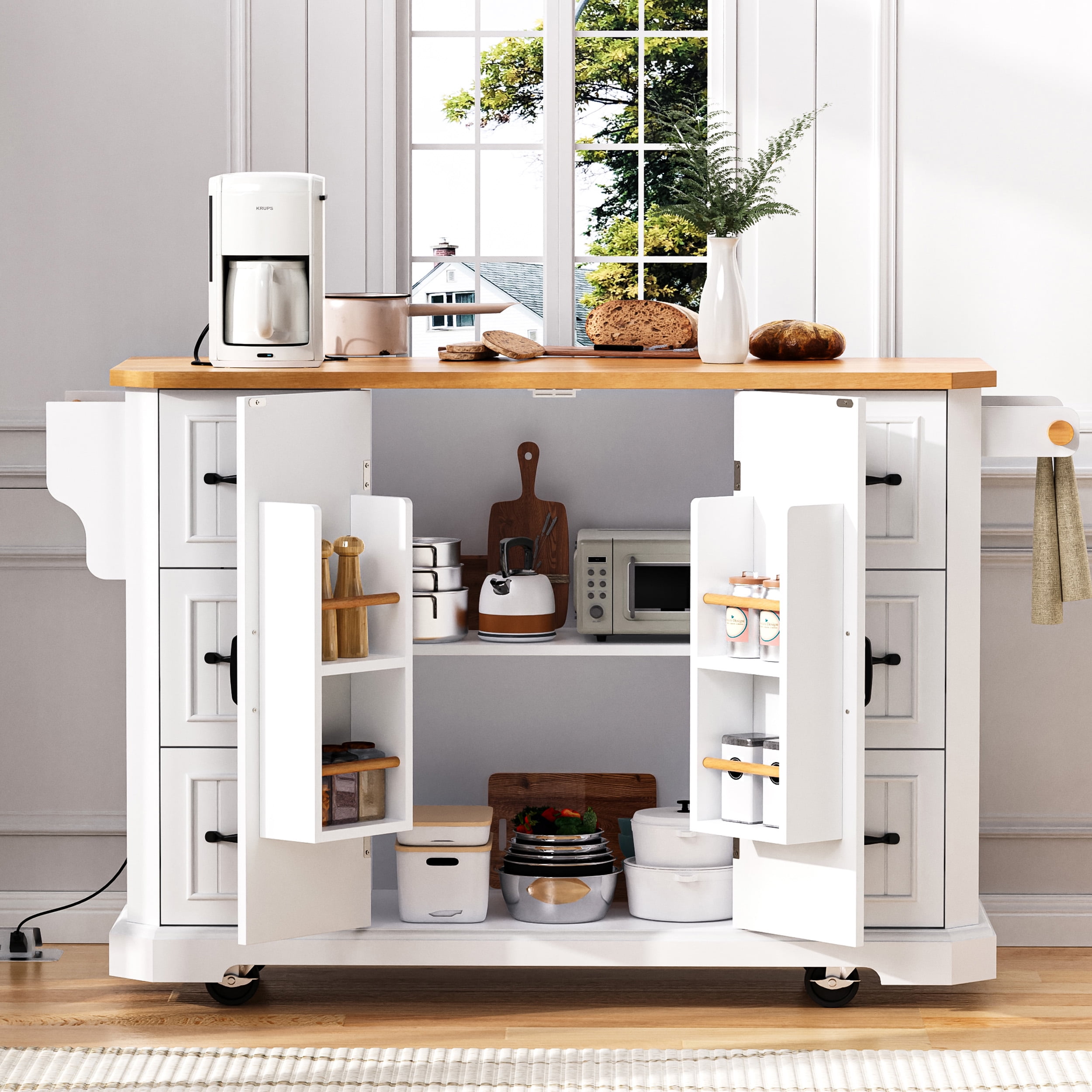 Yoneston 56" Rolling Kitchen Storage Cart with Adjustable Shelves, Multifunctional Kitchen Island with Power Outlet, 4 Door Shelves and 6 Drawers for Kitchen, Dining Room, White