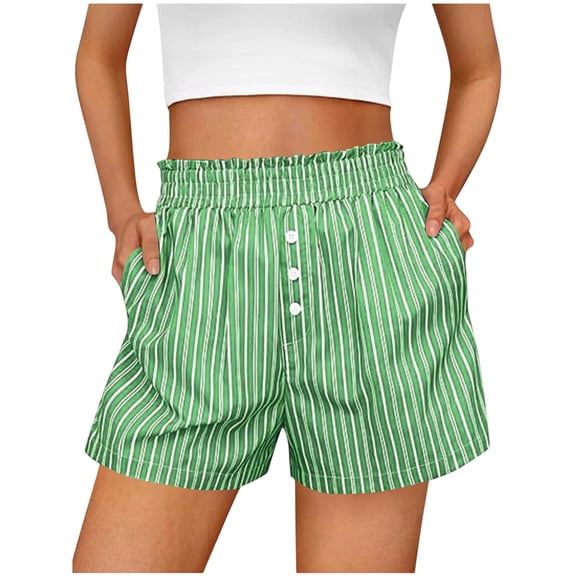 Costeam Womens Vertical Striped Casual Shorts Ruffled Smocked Elastic Waist Fake Front Button Detail Side Inset Pockets Lightweight Crinkle Woven Fabric Loose Fit Summer Sleep Short Bottoms
