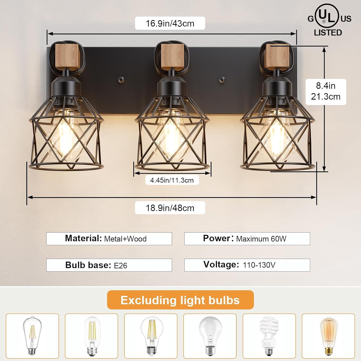 Farmhouse Vanity Light for Bathroom, 3-Light Wood Bathroom Vanity Light Fixtures Over Mirror, Black Rustic Wall Sconce with Cage Metal Lampshade, Vintage Wall Lights for Bedroom, Living Room, Hallway