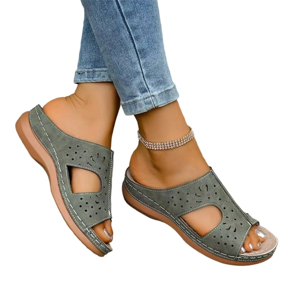 KEVCHE Orthopedic Sandals Women Summer Wedge Slip On Sandals, Adjustable Arch Support Breathable Walking Slides, Plantar Fasciitis Comfortable Casual Beach Footwear
