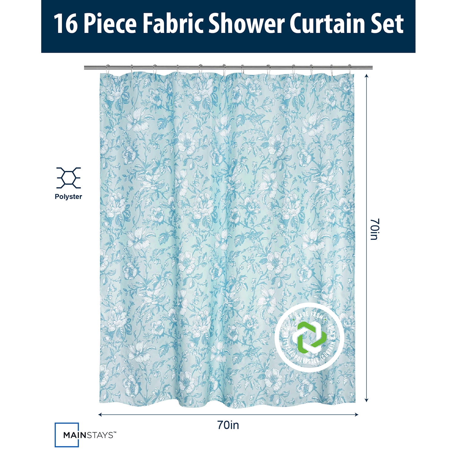 Mainstays 16-Piece Blue Floral Shower Curtain Bathroom Set – Fabric Curtain with Rug, Hooks, Soap Dispenser & Tray