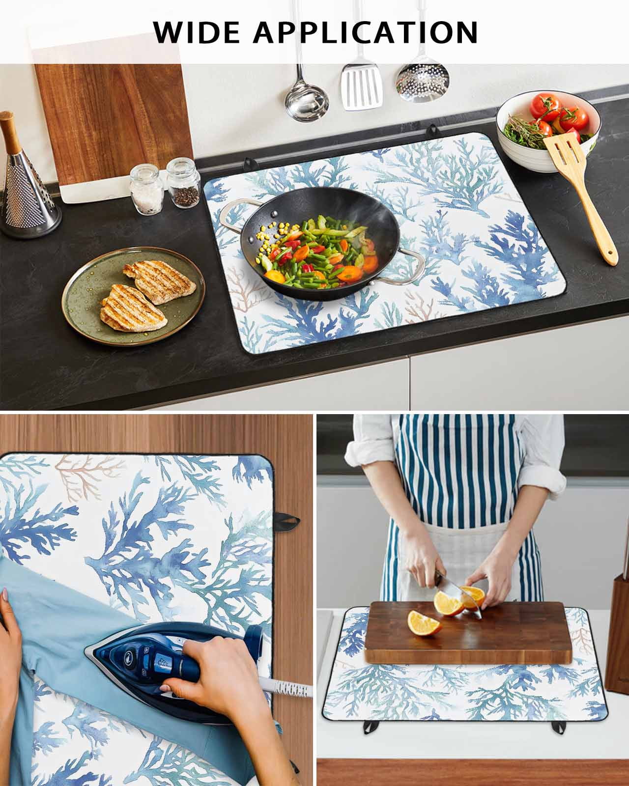 nqOlkjepod Large Induction Cooktop Protector Mat 36"x21", Blue Coral Coastal Stove Top Covers for Electric Stove, Watercolor Summer Beach Coral Stove Burner Cover Mats, Glass Top Stove Cover