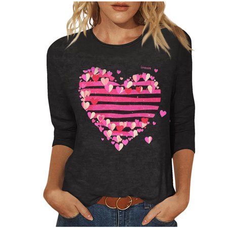 New Arrivals 3/4 Sleeve Round Neck Valentine Heart Print Blouse for Women Casual Tees Valentine's Day My Items