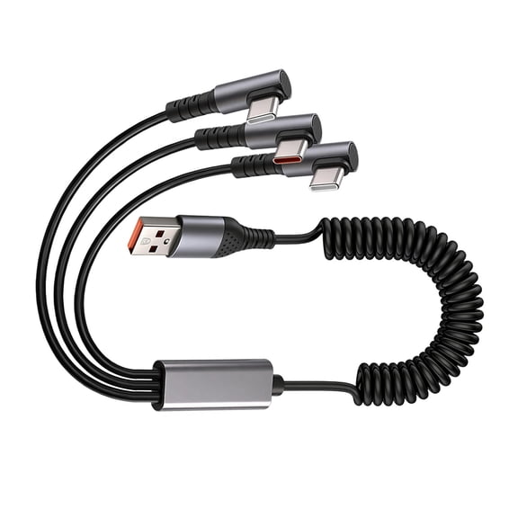 66W Triple Port USB C Chargers Cable Telescopic Coiled Cord Simultaneous Charging for Smartphones Tablets