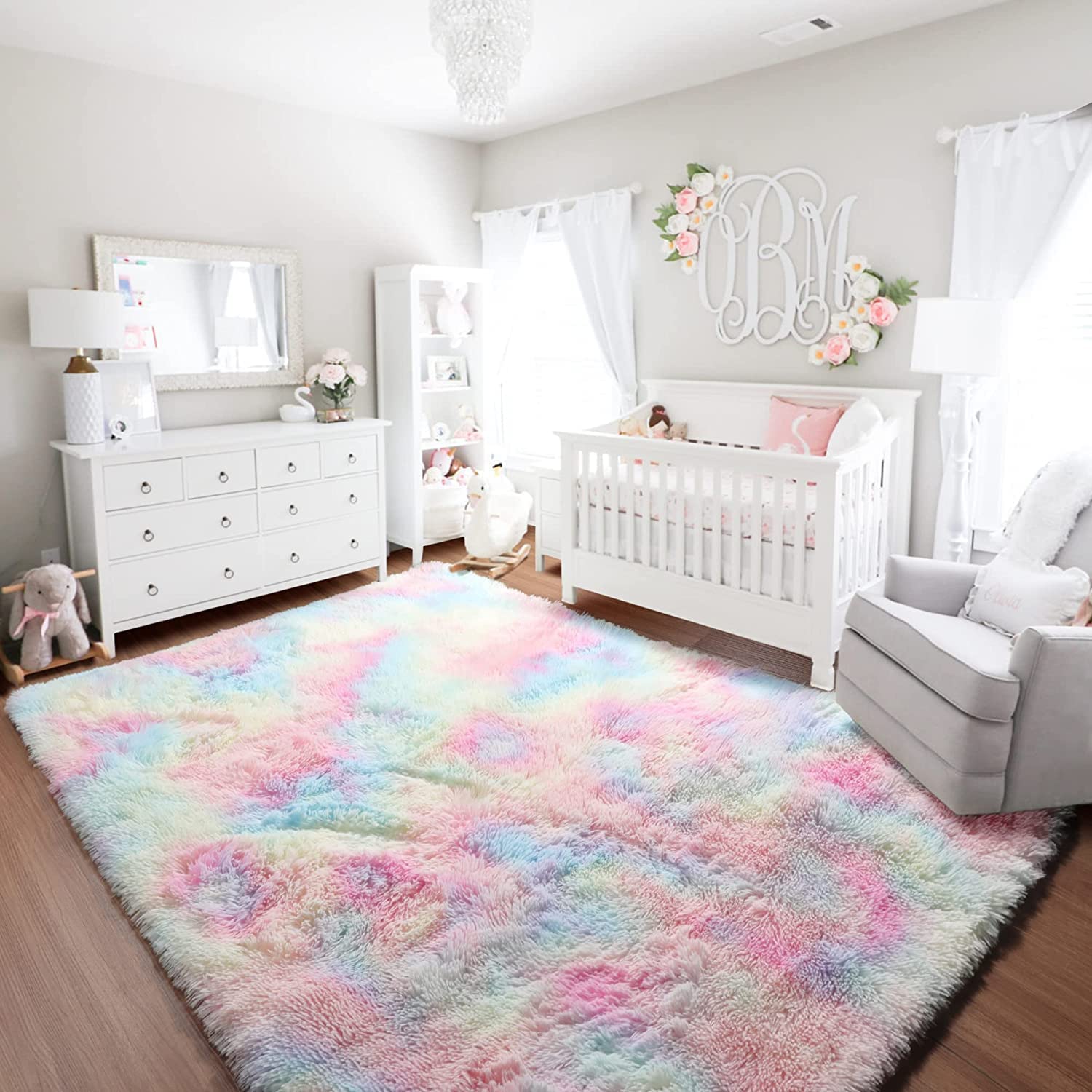Junovo Soft Rainbow Area Rugs for Girls Room, Fluffy Colorful Rugs Cute Floor Carpets Shaggy Playing Mat for Kids Baby Girls Bedroom Nursery Room, 4'x6',Rainbow - image 3 of 8