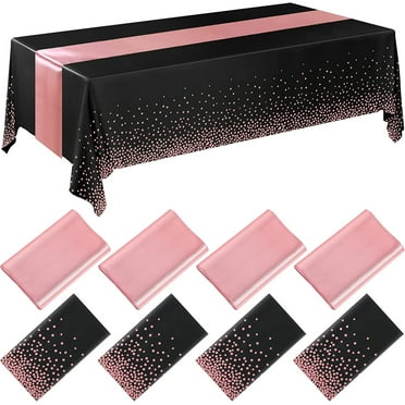 ERDOUY 8pcs Disposable Plastic Tablecloths and Satin Table Runner Set for Wedding Birthday Baby Shower Anniversary Christmas New Year Party Decorations(Black Pink)