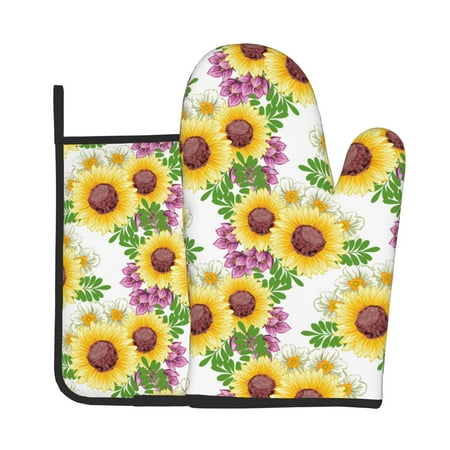 

Junzan Sunflowers Pattern Oven Mitts and Pot Holders 2 pcs Set Potholders BBQ Gloves Long Kitchen Oven Glove for Cooking Baking Grilling (2-Piece Set 11 Inch)