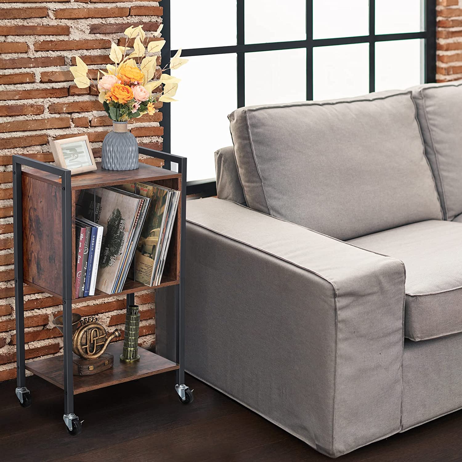 Record Player Stand End Table with Vinyl Record Storage Holder, Brown
