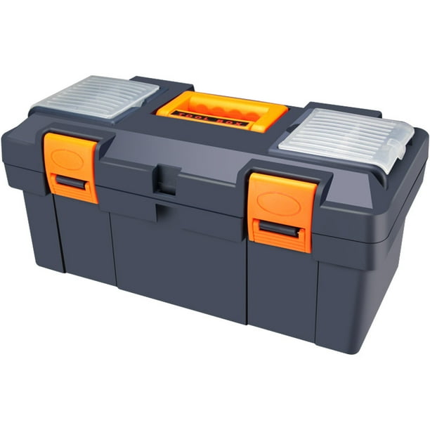 Empty tool box with removable compartment and double lock storage box  (36x17.5x18cm Gray Blue) 