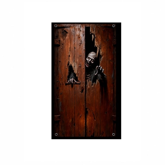 Halloween Door Cover, Polyester Scary Breaking Through Wooden Door Design, Halloween Front Door, Porch, Wall, Party and Photo Backdrop Decor - 35''x71''