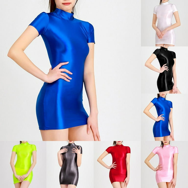 ALSLIAO Women Sexy Sheer Shiny Glossy Wet Look Slim Soft Clubwear Skirt Mini Dress Red Wine XL
