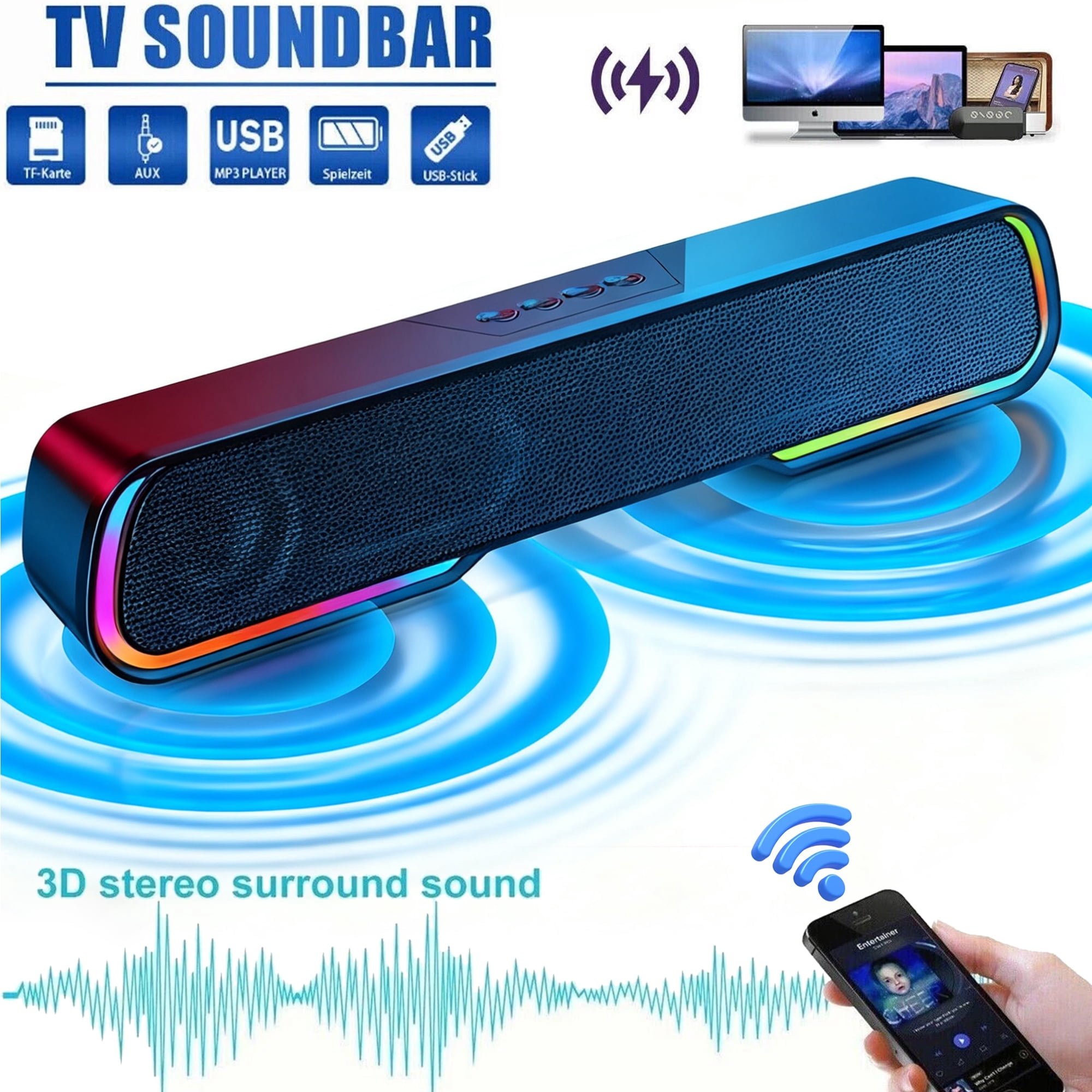 Bluetooth Sound Bar - Portable Speaker with Color-Changing Lights, 1200mAh Battery, USB/TF/AUX/FM Radio Support for TV, PC & Phone