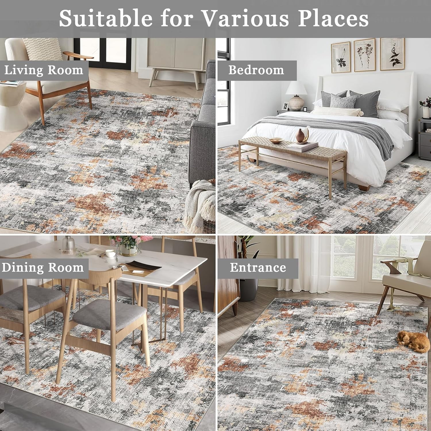 Washable Area Rugs for Living Room, 6x9 Soft Abstract Bedroom Rug Foldable Non-Slip Low Pile Area Rug Throw Carpet for Dining Room Home (Grey/Rust, 6'x9')